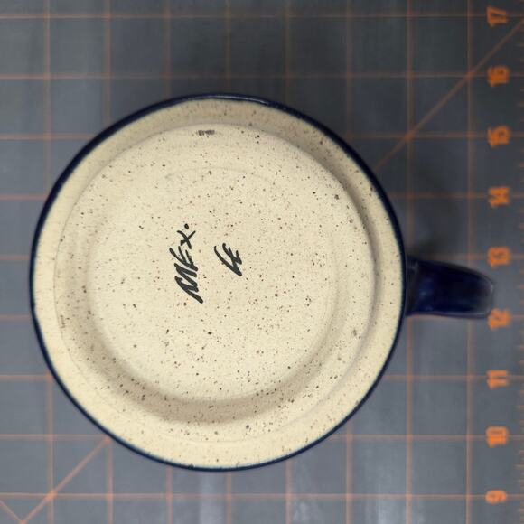 Signed Sandstone Texture Pottery Coffee Tea Mug Mexico Sombrero Cactus Blue Rim - Picture 8 of 13